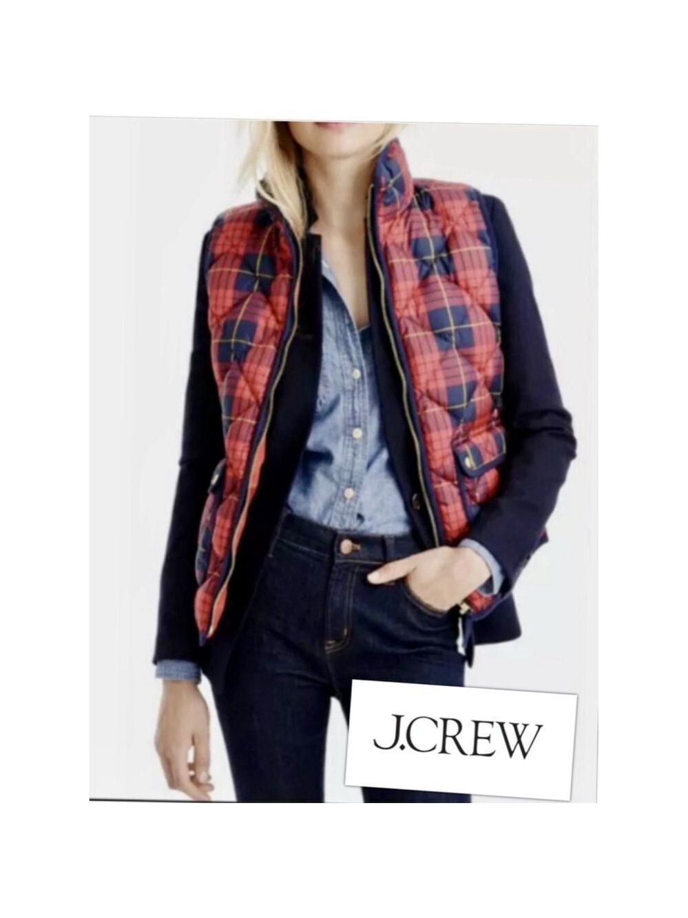J.Crew Buffalo Plaid Excursion Preppy Puffy Vest Signature Tartan Red/Navy XS - Picture 1 of 8